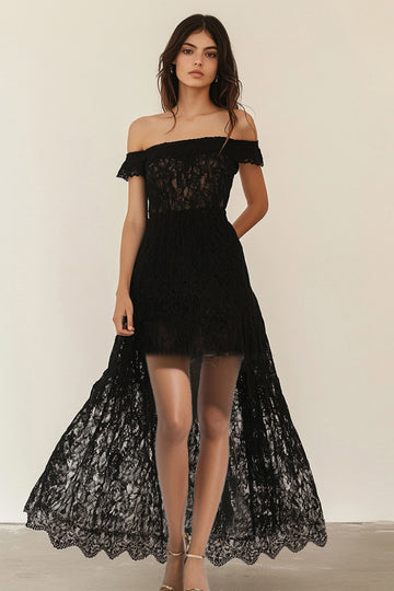 Off The Shoulder Black Lace High Low Cocktail Dress